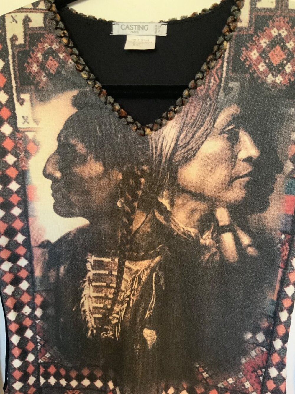 Casting Paris Long Sleeve top With Native American Graphic Design & braided trim